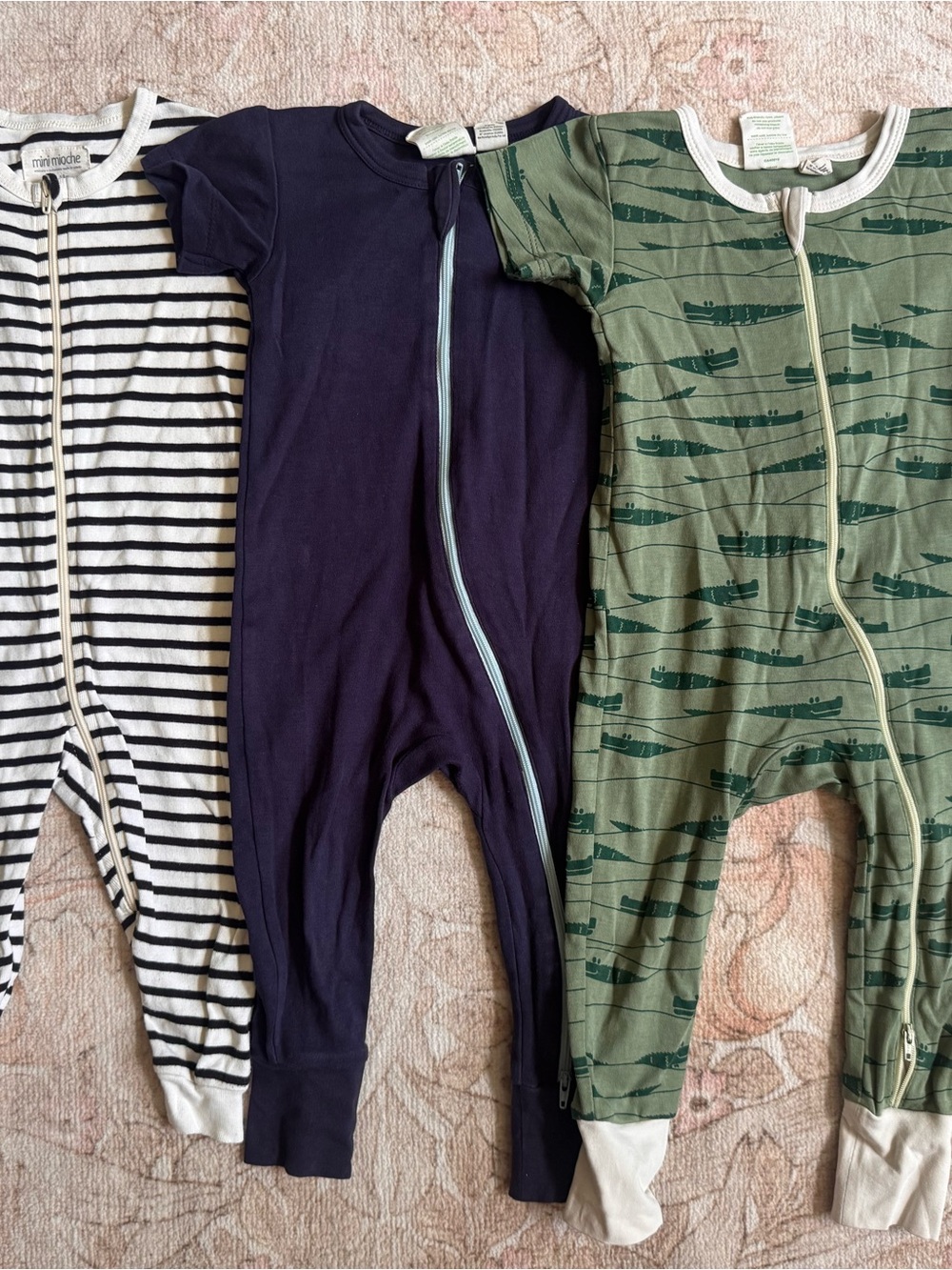 3 x 12-18mo Organic Cotton Zip Rompers — Navy, Olive Croc Print, B/W Stripe
